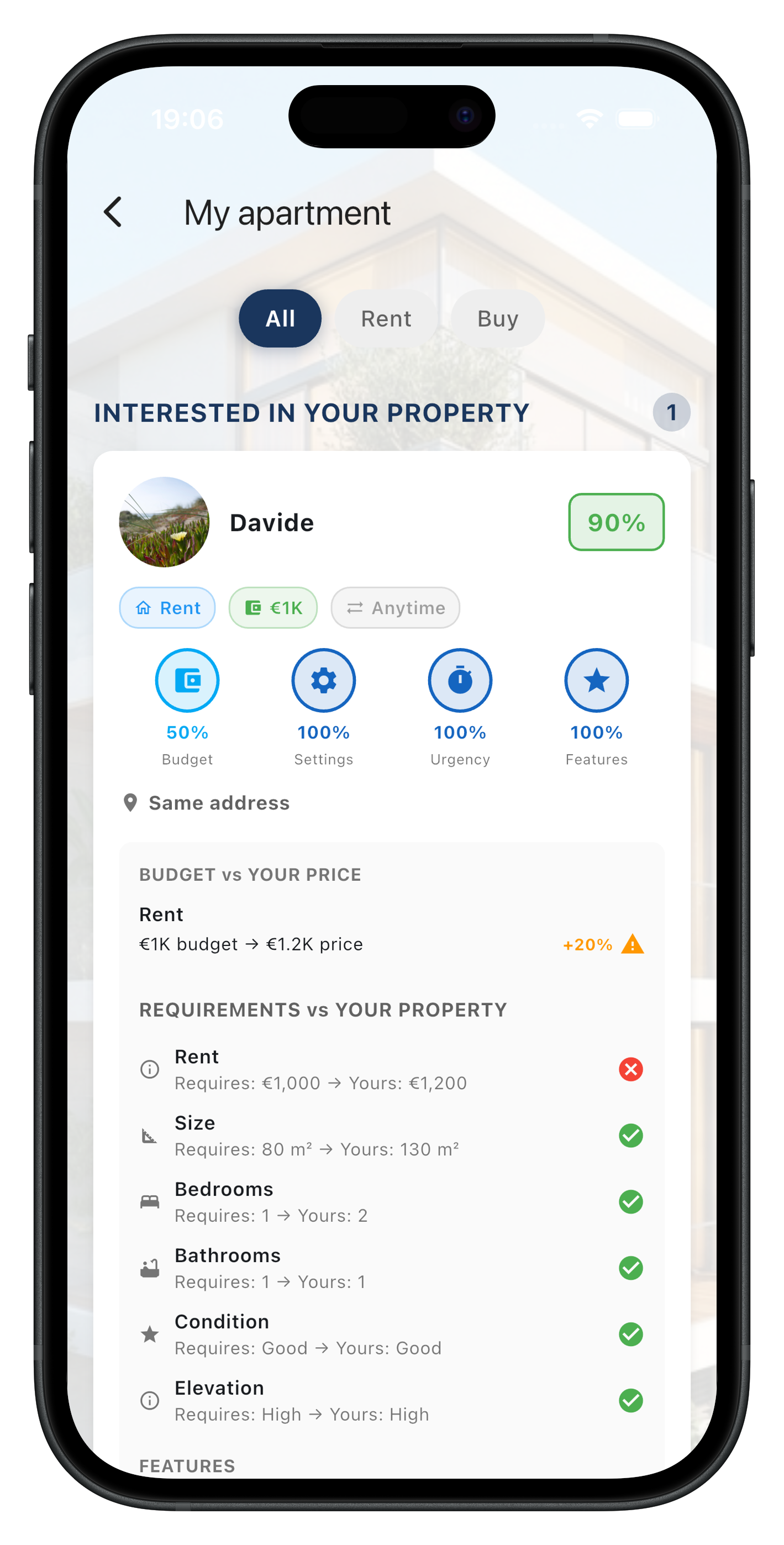 App screen showing 'Interested Users' for a property