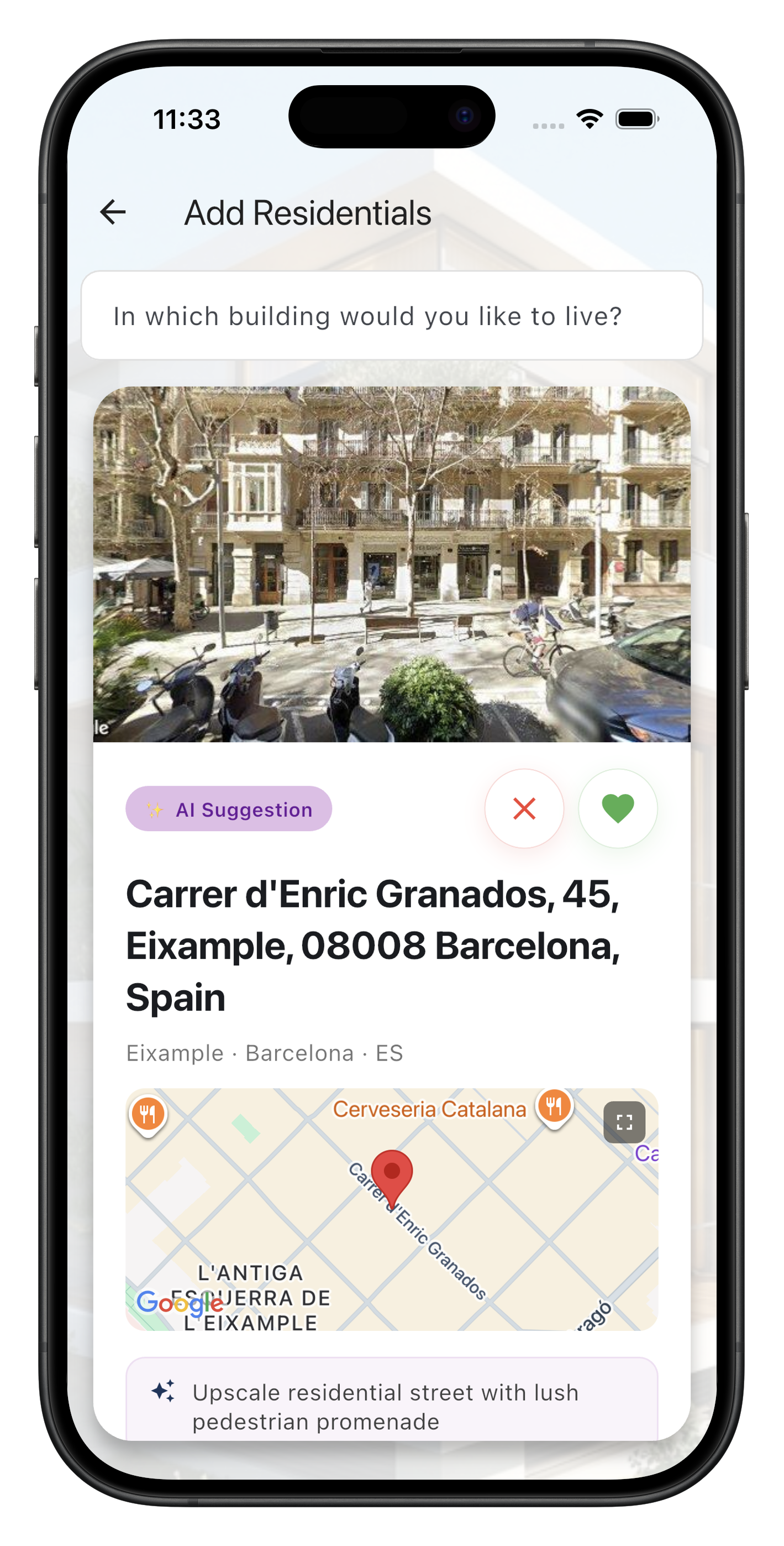 Wishplace AI address suggestion screen