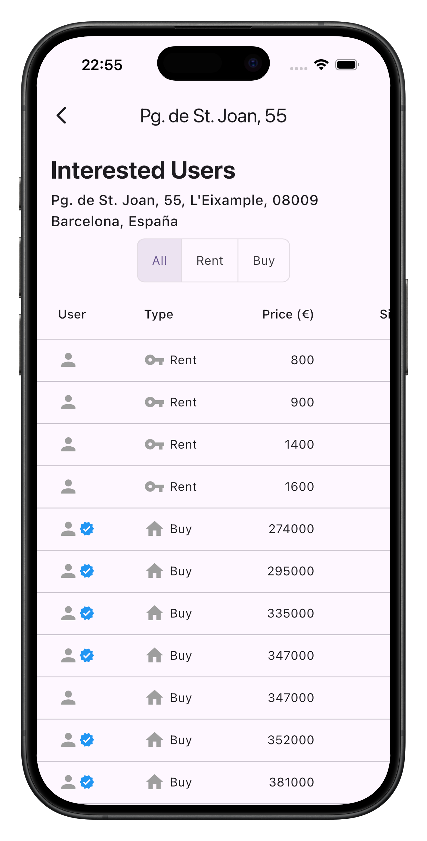 App screen showing 'Interested Users' for a property