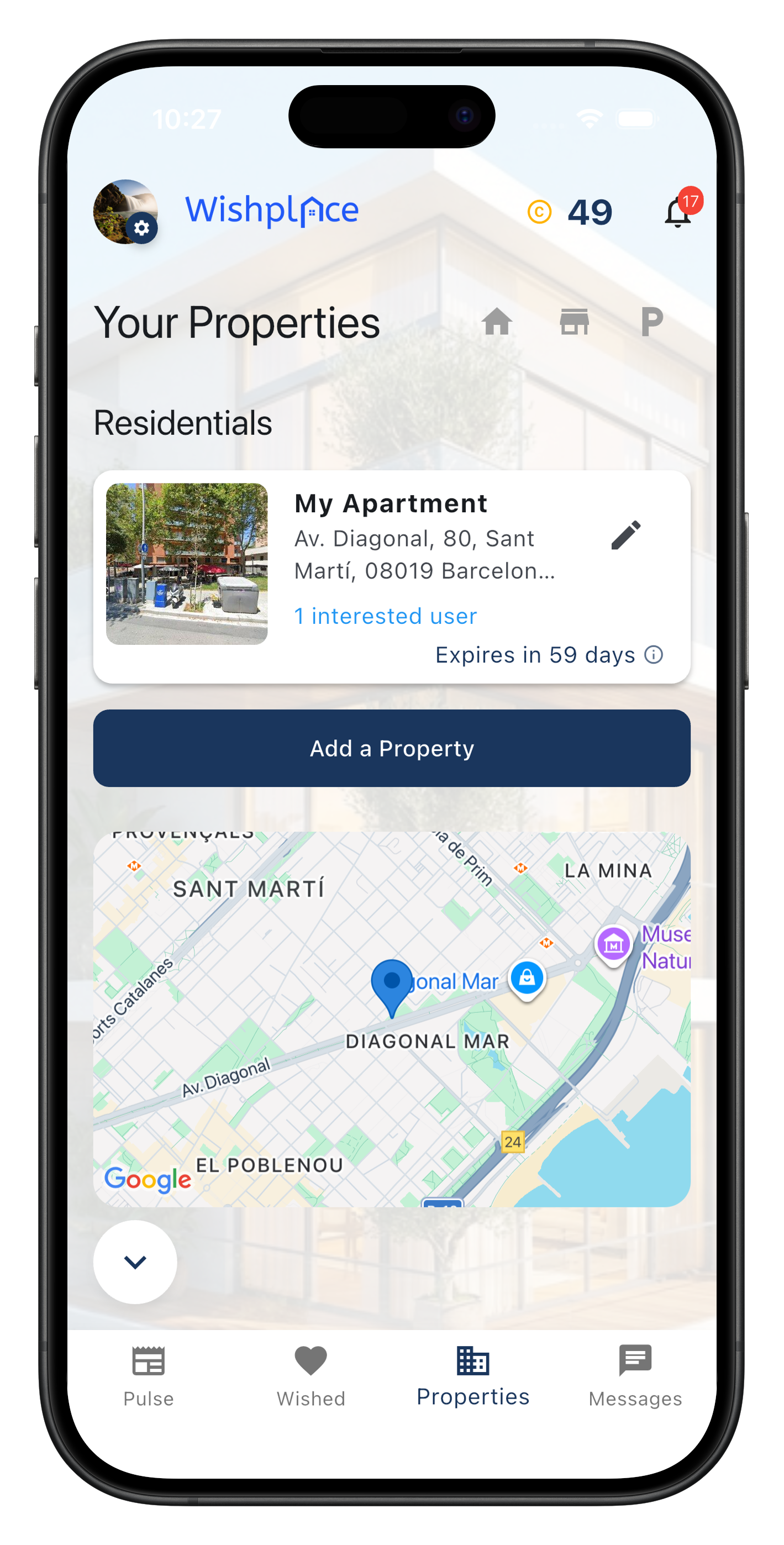App screen showing 'Your Properties' for sellers