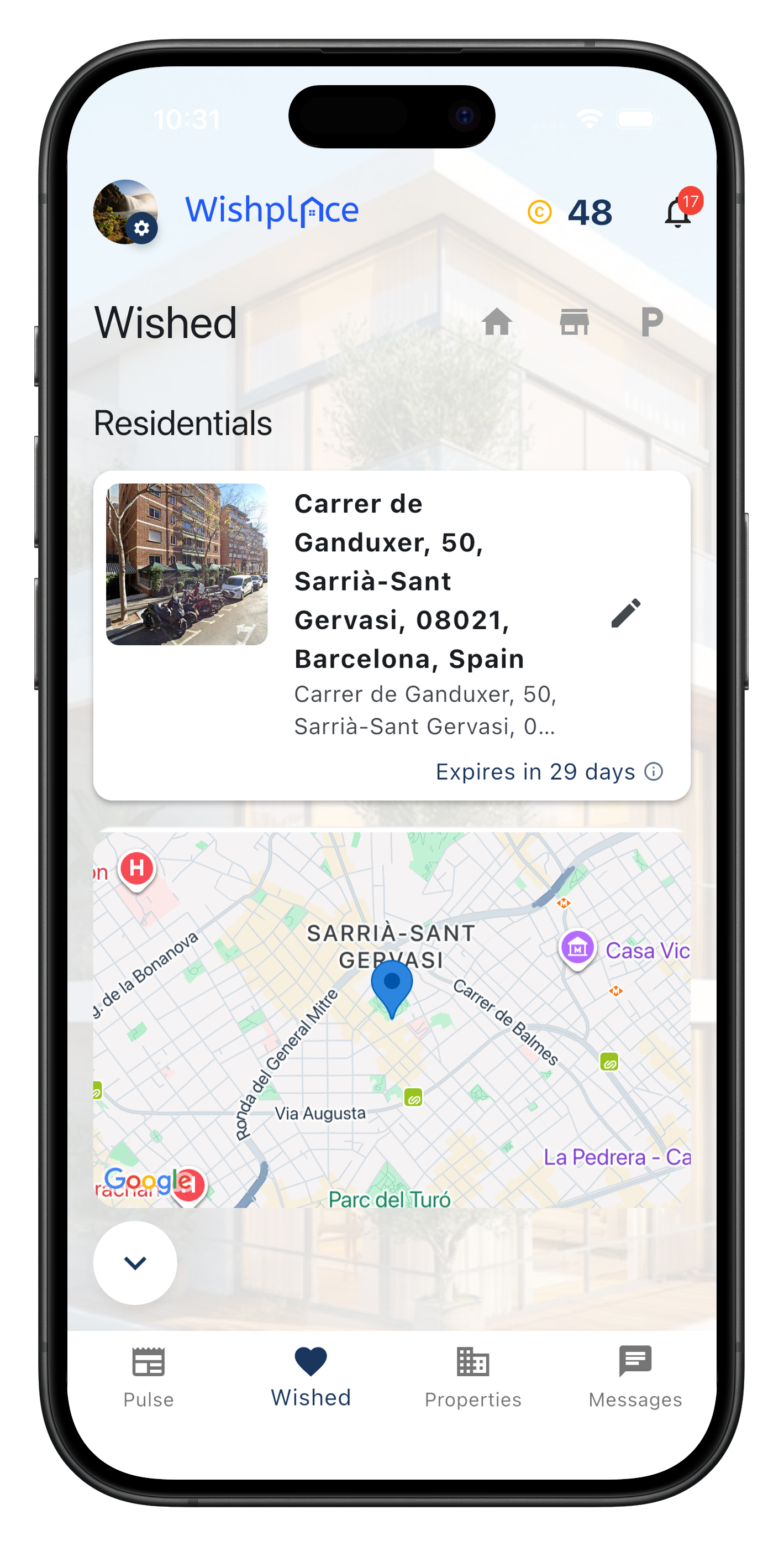 App screen showing 'Wish Places' list and map